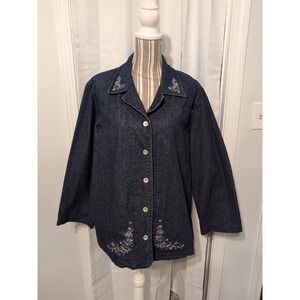 Vtg. Tudor Court Embroidered Flowers Jean Jacket Women's XL Button Up Cottage